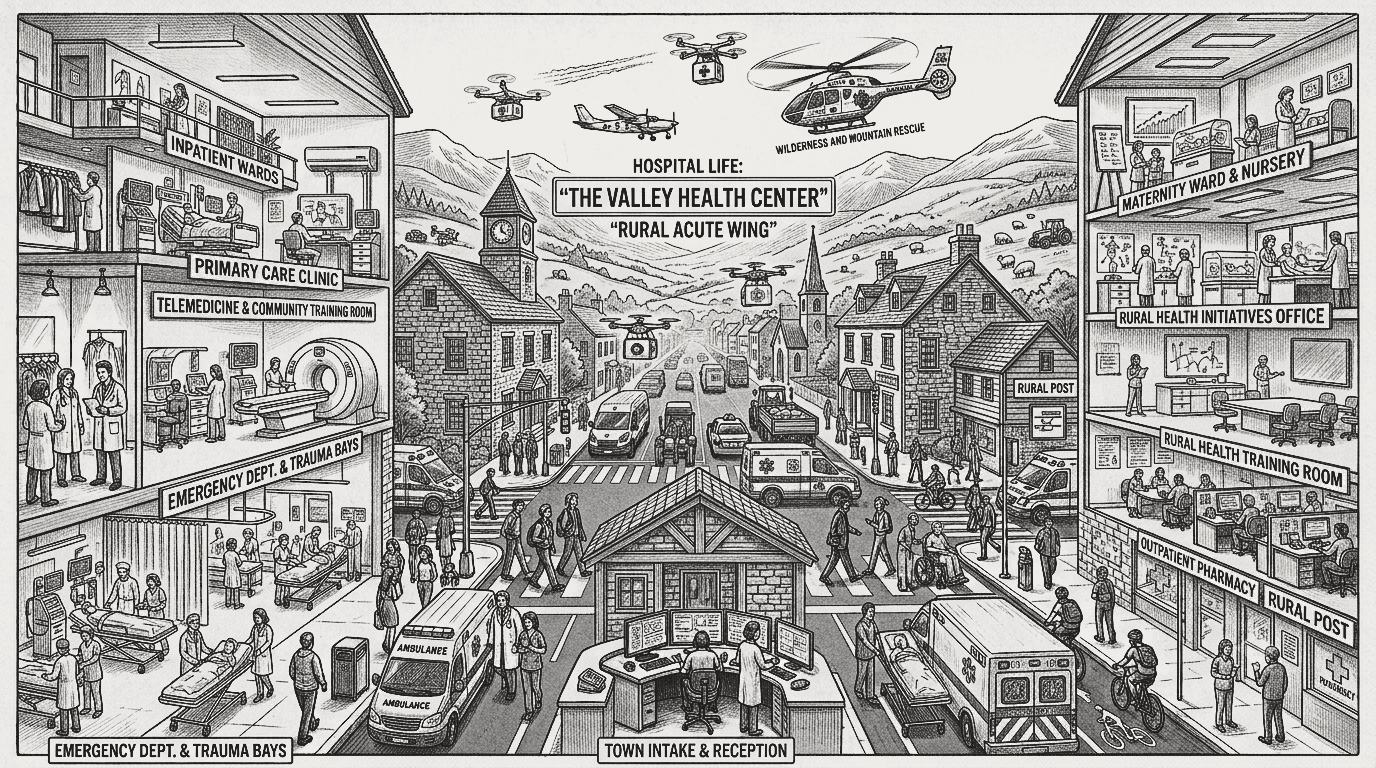 Busy rural hospital complex Valley Health Center with many clinical roles