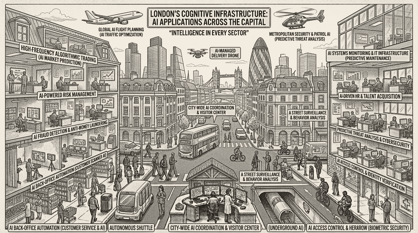 London cognitive infrastructure cutaway showing finance, transport and security AI applications