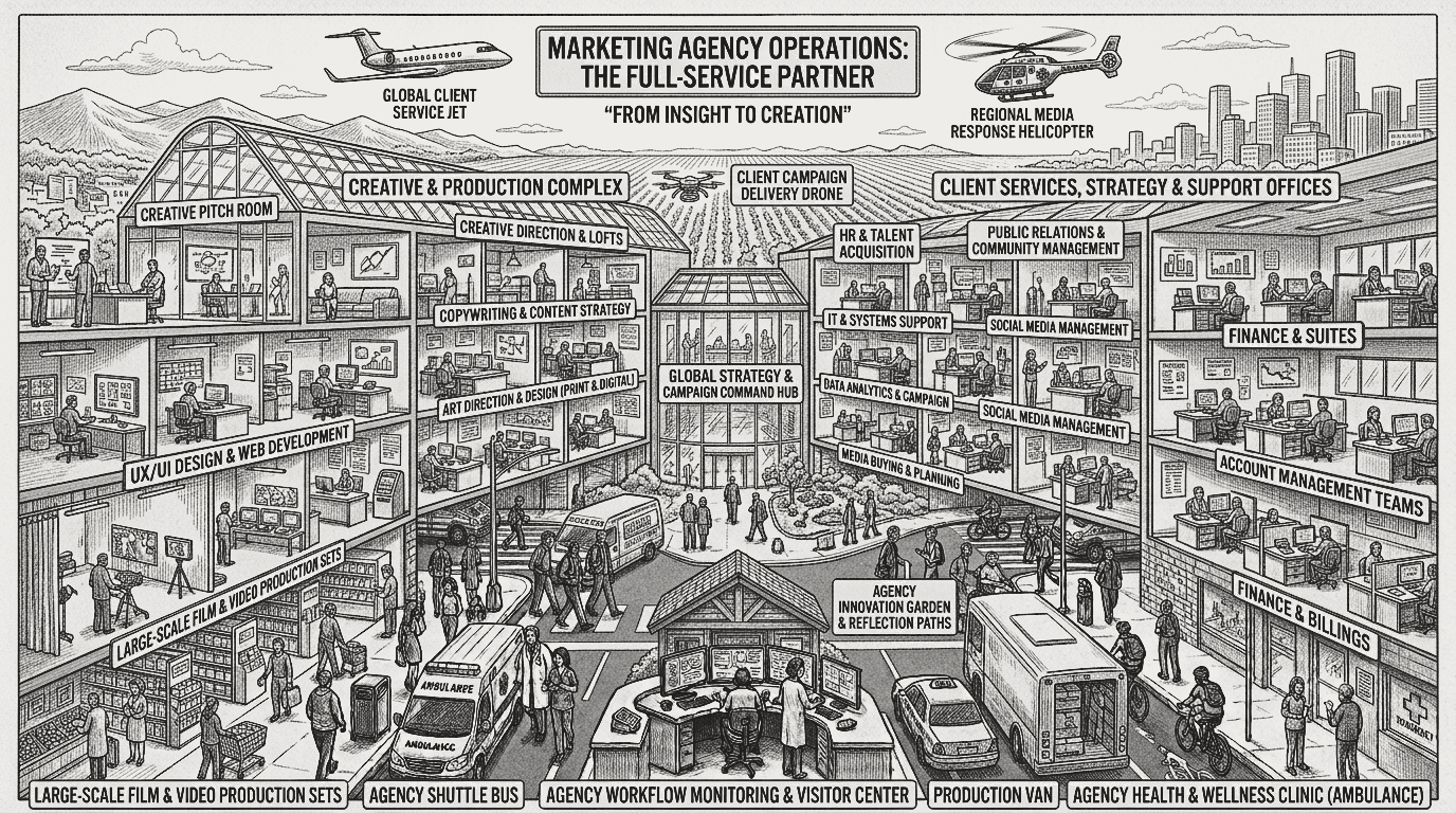 Full-service marketing agency campus cutaway from insight to creation