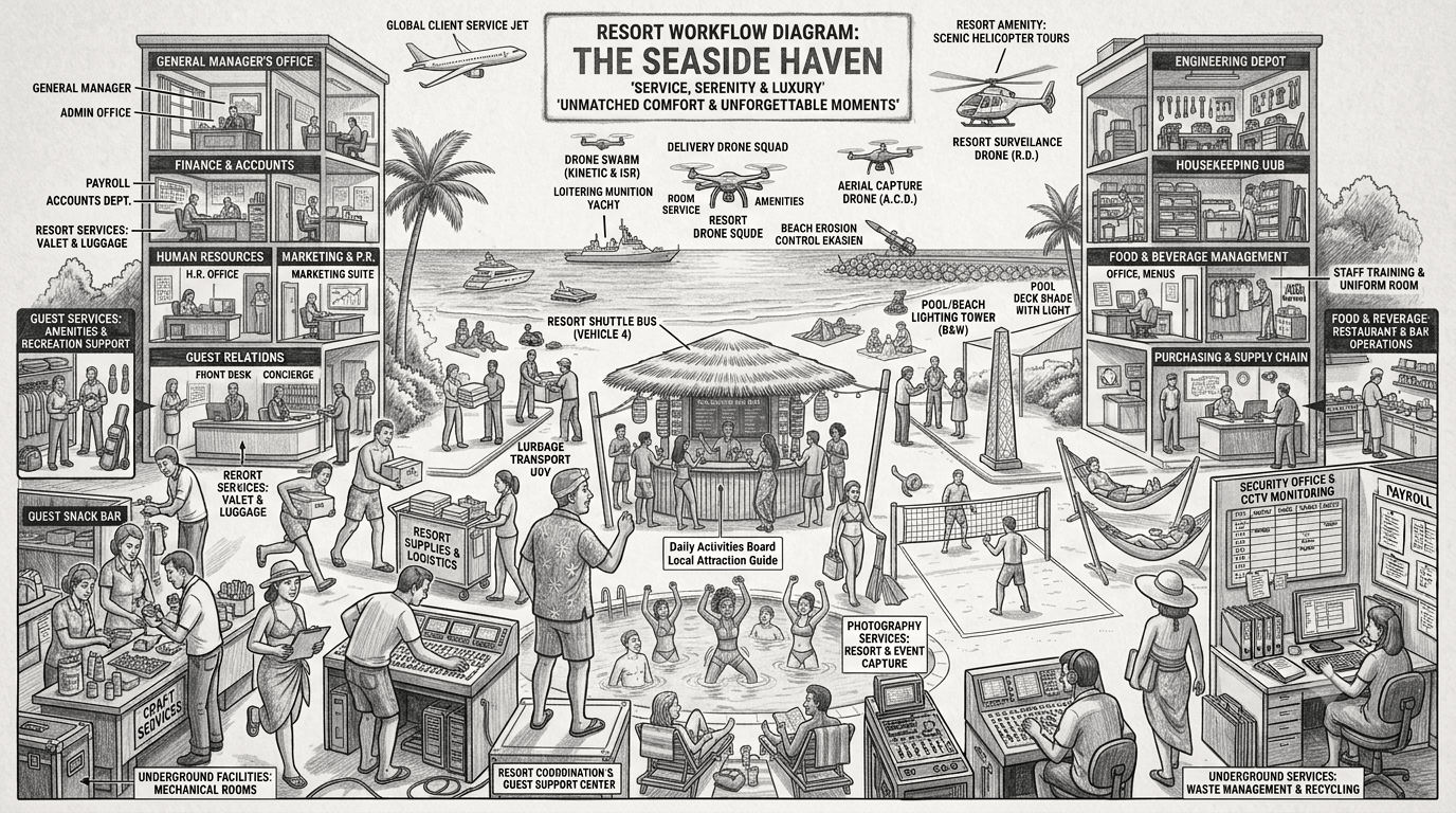 Seaside Haven resort workflow diagram with hospitality operations and travel AI