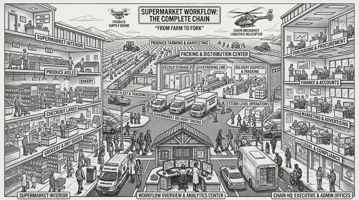 Supermarket workflow cutaway from farm to fork showing store, warehouse, HQ and fields